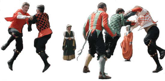 4 Knights fighting, 2 Ladies and the Jester